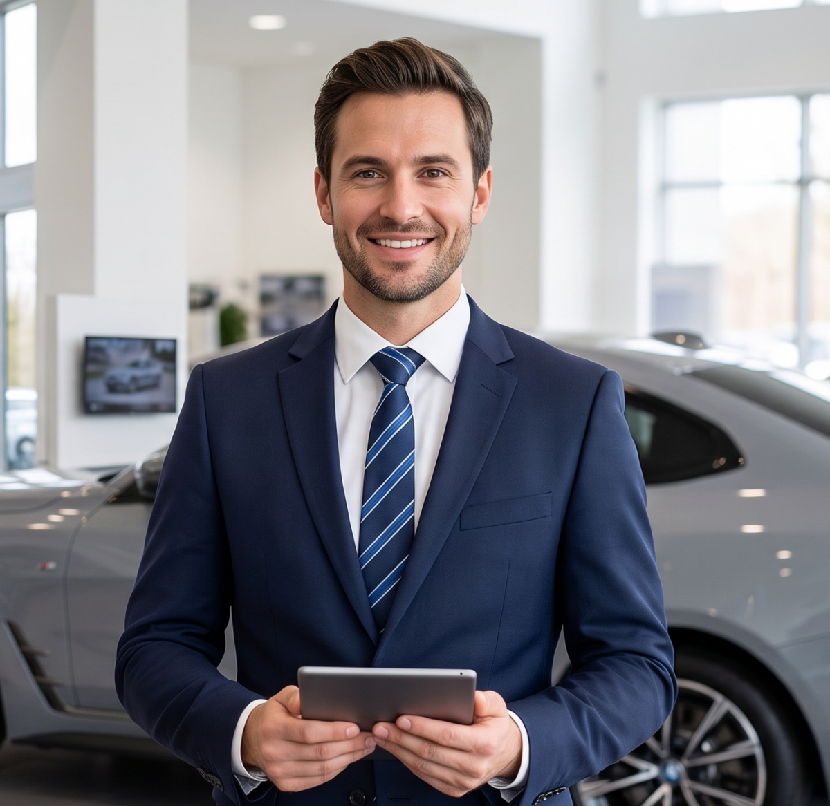 Ein Product Genius der Fett & Wirtz Automobile GmbH im Anzug vor einem grauen BMW im Showroom.
