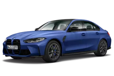 Eine freigestellte BMW M3 Competition Limousine mit M xDrive in Frozen Portimao Blue metallic.