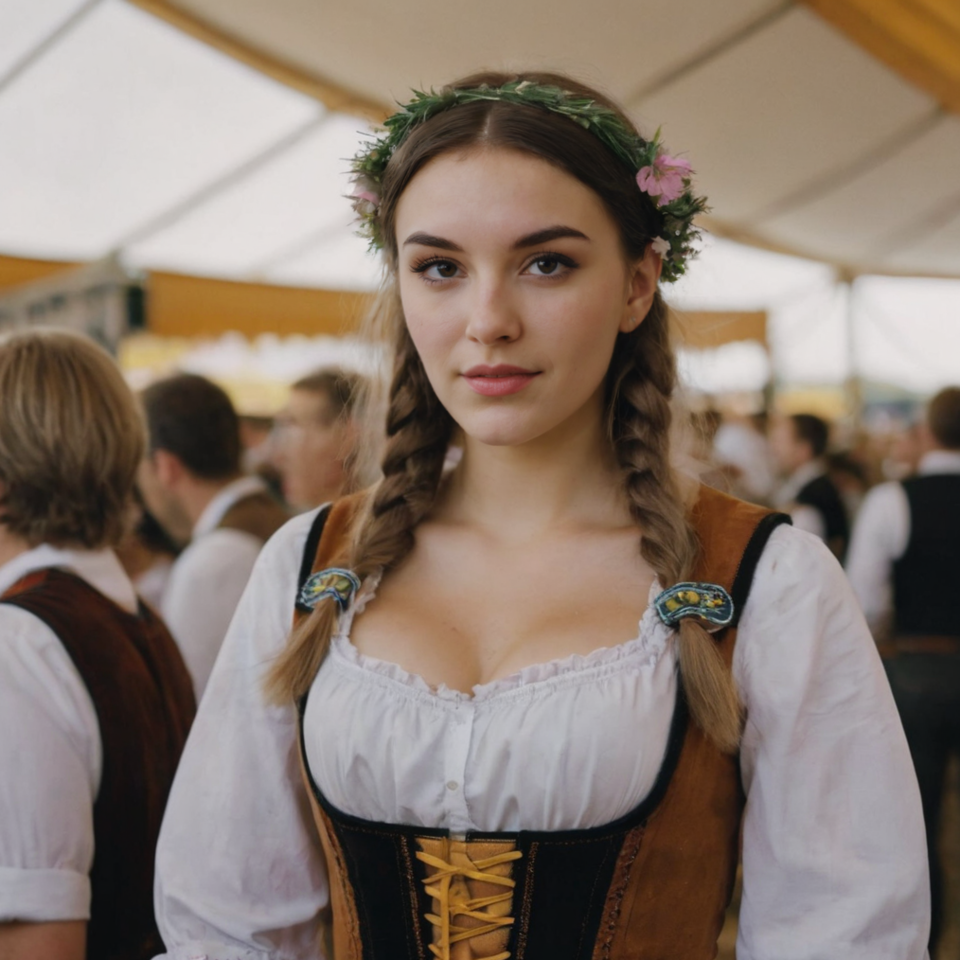 Ein Fräulein mit einer Tracht aus Oberbayern, geflochtenen Zöpfen und Blumen in den Haaren steht in einem Bierzelt.