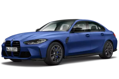 Eine freigestellte BMW M3 Competition Limousine mit M xDrive in Frozen Portimao Blue metallic.