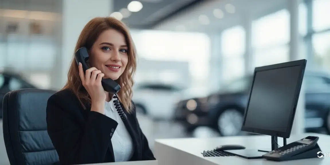 Eine Neuwagen-Disponentin des Autohauses Fett & Wirtz sitzt an ihrem Arbeitsplatz vor dem Computer und telefoniert.