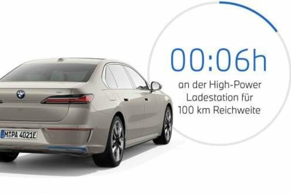 Eine Illustration über die Ladedauer einer BMW i7 Limousine an einer High-Power Ladestation für 100km.