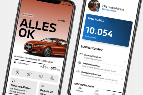 Die My BMW App auf zwei Telefonen mit unterschiedlichen Screens.