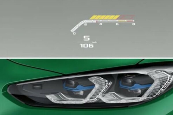 Der Voll-LED Scheinwerfer und das Head-Up Display eines BMW M4.